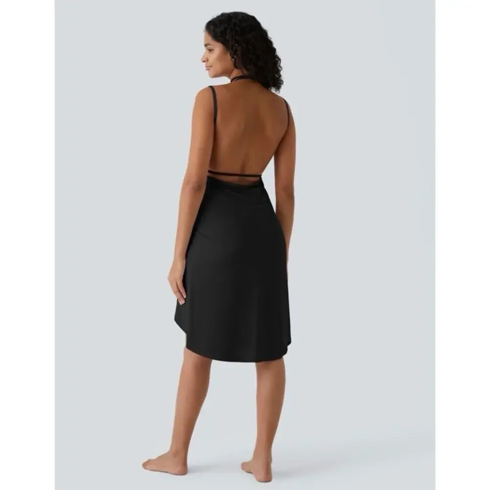 Halara Spaghetti Strap Crossover Cover Up Wrap InstantCool Dress-UPF50+ black